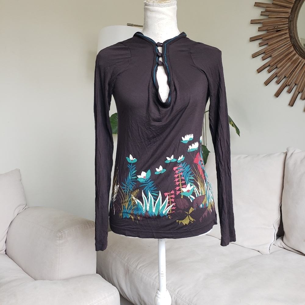 Kenzo Long Sleeve Floral Printed Plunge Neck Shirt